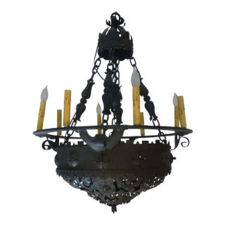 1910s Barcelona Nine Light Wrought Iron Chandelier For Sale