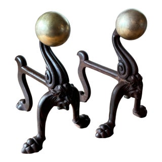 19th Century English Brass and Cast Iron Andirons For Sale