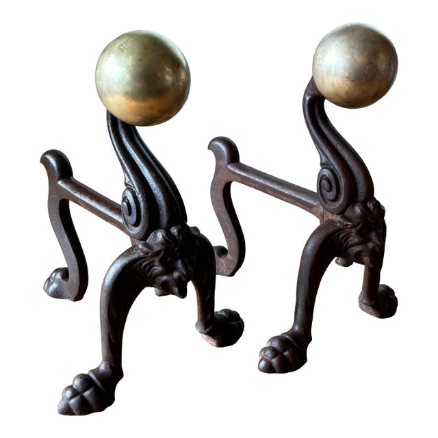 19th Century English Brass and Cast Iron Andirons For Sale