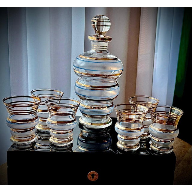 Frosted and Gilt Glass Decanter Set, 1960s, Set of 7 For Sale - Image 3 of 18