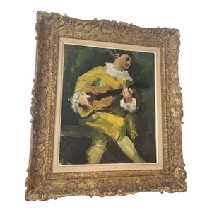 1920s Italian Figurative Oil Painting on Canvas of a Musician Playing the Guitar in a Yellow Coat, Framed