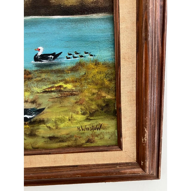 Artist: M. Winslow Subject: Palms and Homestead with Ducks Date: Circa 1960s–1970s Medium: Oil on board This large oil...