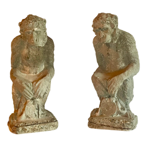 Pair of French Cast Stone Monkey Garden Statues, 23-Inch, Vintage