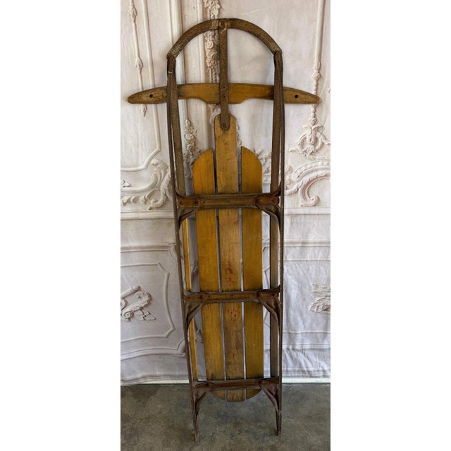 Auburn Antique American Wooden Sled With Original Red Graphics For Sale - Image 8 of 18