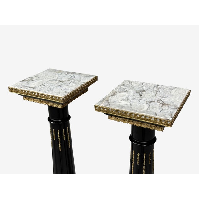 Wood Hollywood Regency, Marble Top Pedestals, Ebonized Wood, Bronze, France, 1960s For Sale - Image 7 of 11