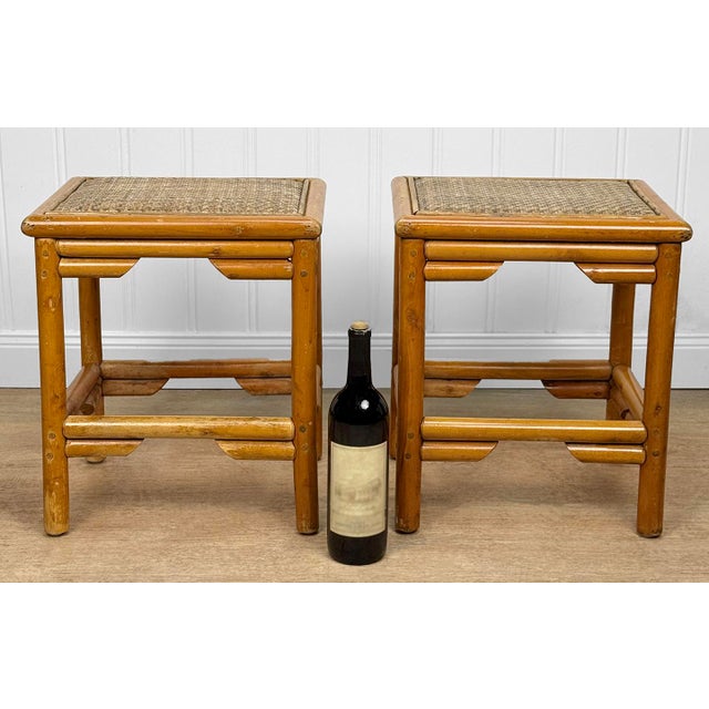 A Pair of 1970's Coastal Rattan Side Tables Robust Rattan Shoot Construction with Exposed Dowels Matching Pair Original...