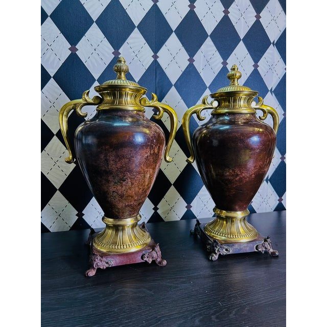 1970s Grand Neoclassical Patinated Metal Urns With Gilt Scroll Handles, Pair, 16" For Sale - Image 10 of 15