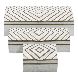 Set of 3 Shagreen Boxes With Mother of Pearl and Brass Details by R&y Augousti For Sale