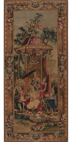 1990s 18th Century Tapestry Recreation “The Empress’ Tea” Chinoiserie Scene