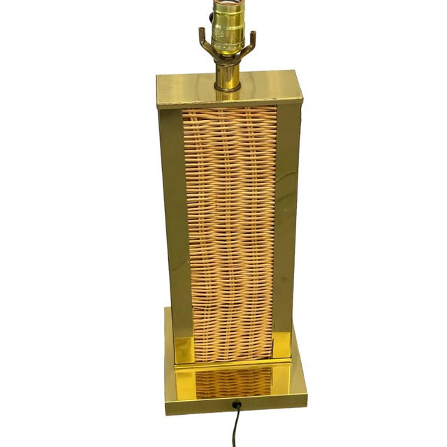 French 1970’s Crespi Style Brass and Wicker Lamp For Sale - Image 3 of 9
