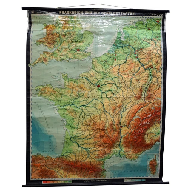 Blue Vintage France Benelux Countries, South England Rollable Map Wall Chart For Sale - Image 8 of 8