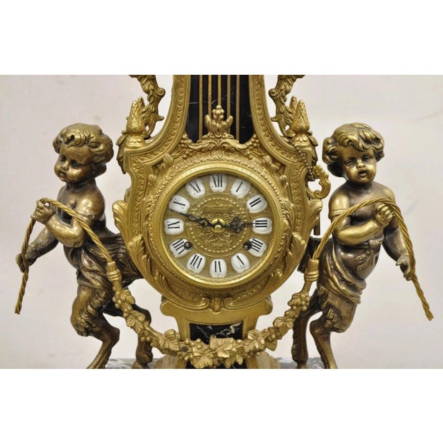 Vintage French Louis XV Style Brevettato Italy Brass & Marble Figural Clock Set For Sale - Image 4 of 16