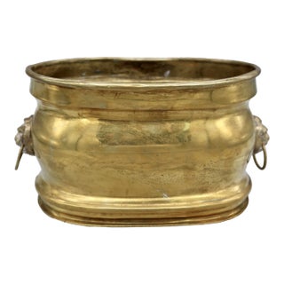 Vintage Gilt Metal Oval Cachepot Planter With Lion Head Ring Handles For Sale