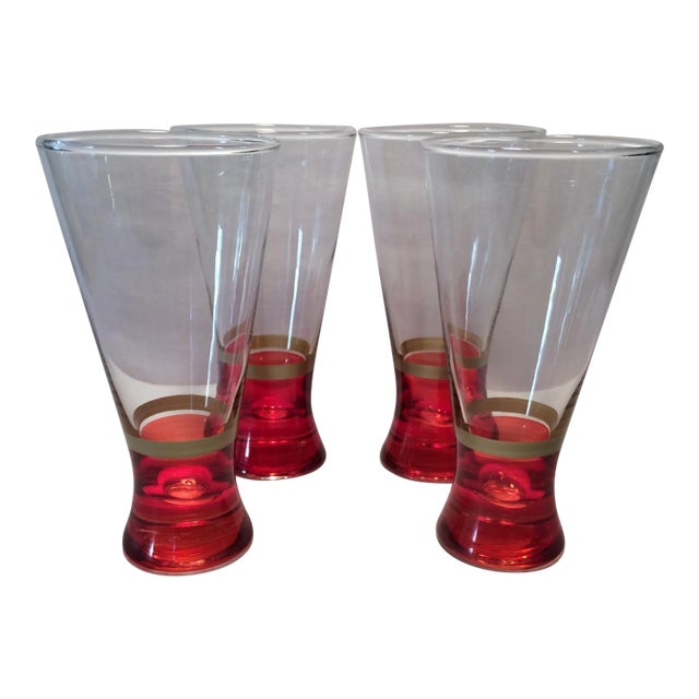 Vintage Red Base With Gold Band Hand Blown Pilsner Glasses - Set of 4 For Sale