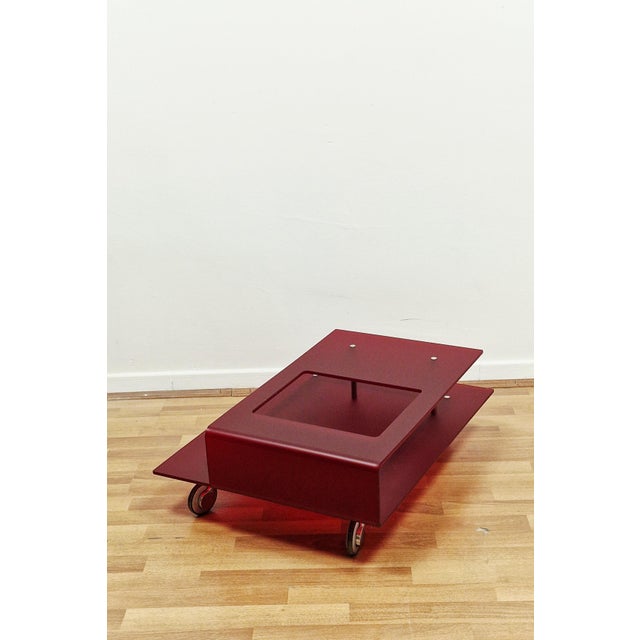 Italian Coffee Table in Burgundy Acrylic Glass and Chrome Wheels, 1990s For Sale - Image 7 of 14
