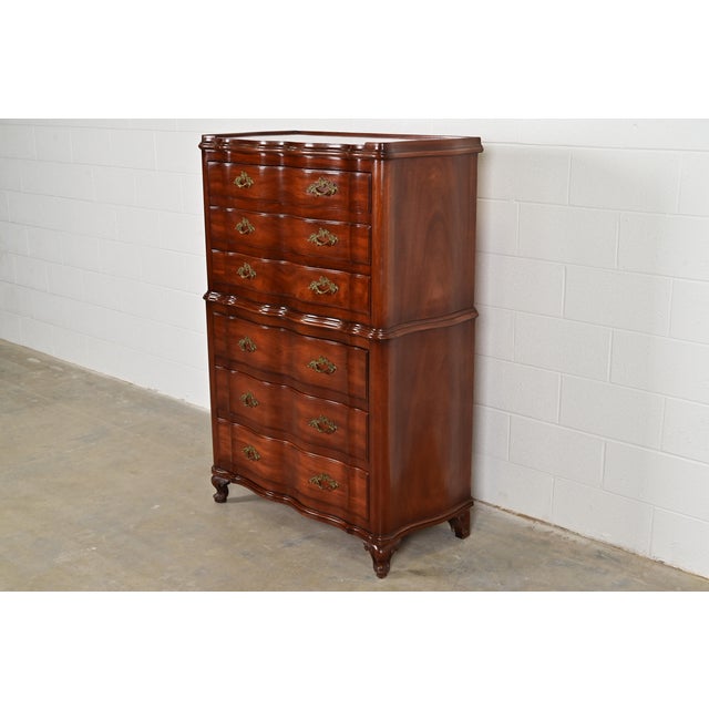 French Provincial John Widdicomb French Provincial Louis XV Solid Mahogany Highboy Dresser, Circa 1940s For Sale - Image 3 of 14