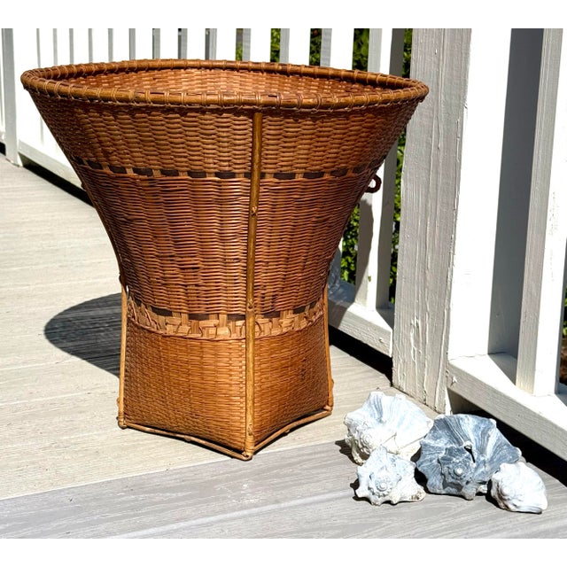 Mid-Century Modern Asian Hand Woven Bamboo, Wicker Decorative Basket For Sale - Image 3 of 12