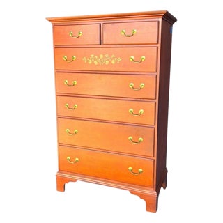 Late 20th Century Hitchcock Stenciled Solid Wood Tall Chest Dresser Brass Pulls For Sale