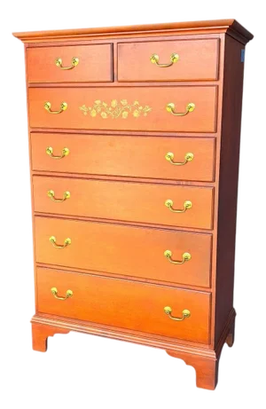 Late 20th Century Hitchcock Stenciled Solid Wood Tall Chest Dresser Brass Pulls