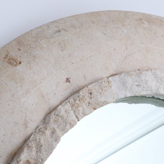 Post modern Mactan tessellated stone travertine wall mirror in the style of Maitland Smith. 29”W x 1”D x 36”H