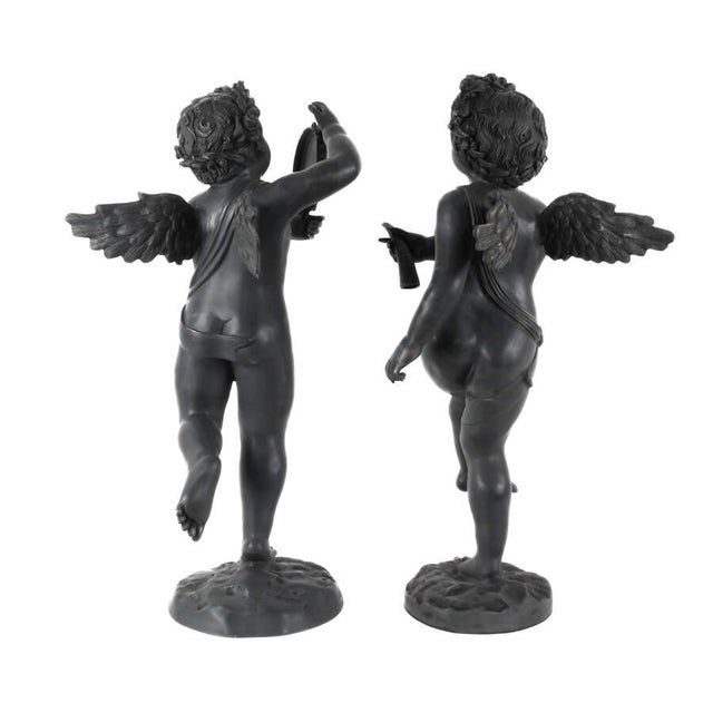 Neoclassical Pair of Cast Metal Garden Cherub Statues, Classical Outdoor Decor For Sale - Image 3 of 8