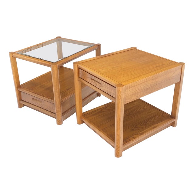 Pair Quality Glass Top One Drawer Side End Tables Nightstands Thomasville Mint! For Sale