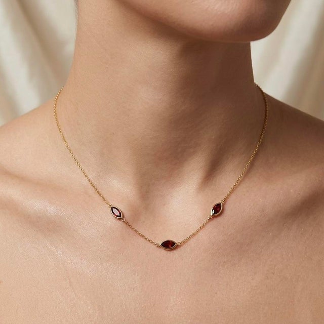 Contemporary Natural Garnet Station Necklace | January Birthstone Jewelry | Dainty Bezel Set Layering Necklace For Sale - Image 3 of 3