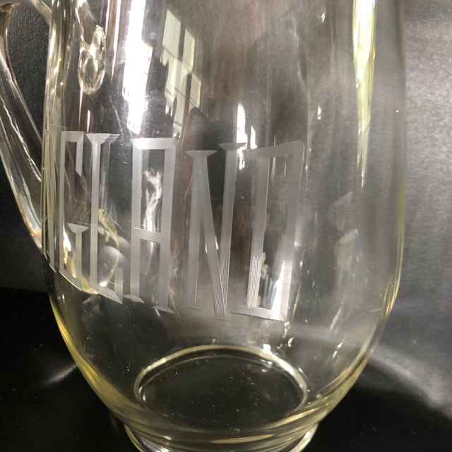Vintage Large Engraved Glass Pitcher “England” For Sale - Image 10 of 12