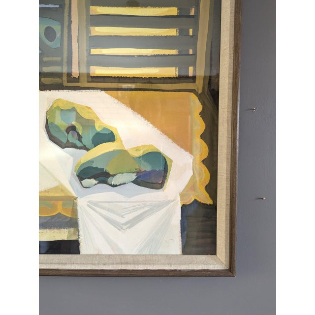 Yellow Mid-Century Modern 'Pitcher and Grapes' Vintage Swedish Original Still Life Gouache Painting, Framed For Sale - Image 8 of 11