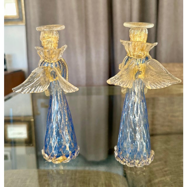 1980s Pair Murano Venetian Blue & Gold Glass Angel Candle Holders For Sale - Image 5 of 12