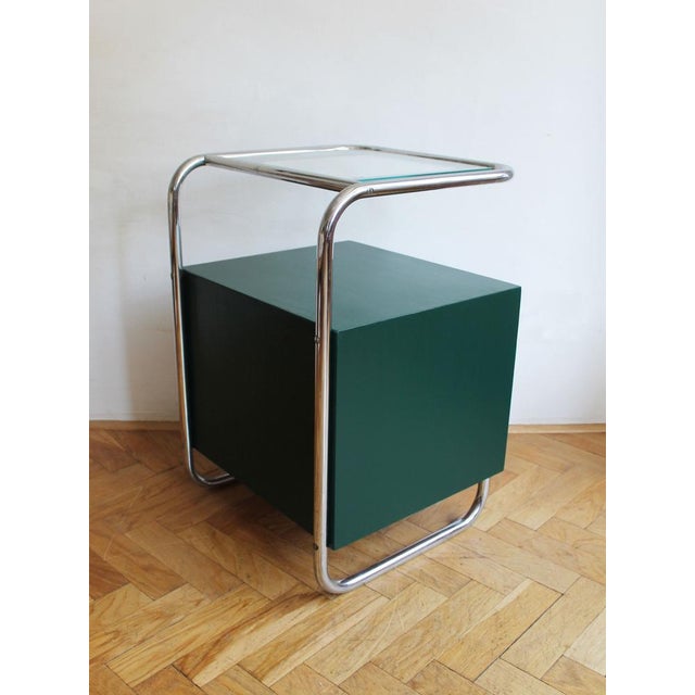 Wood Functionalist Tubular Steel Bedside Table by Robert Slezak for Kovona, Czech, 1940s For Sale - Image 7 of 18