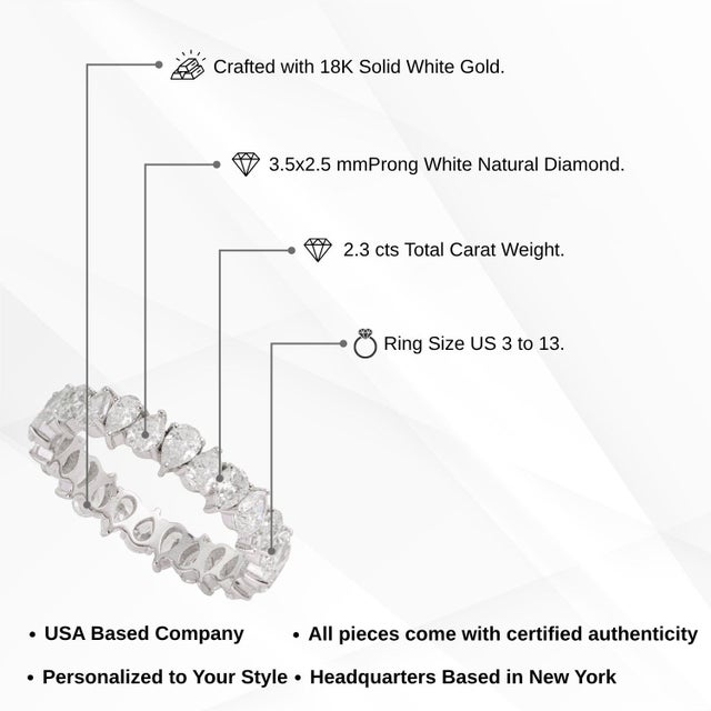 Certified 2.3 Carat Pear Cut Diamond Full Eternity Band Ring Size 4 in 18k White Gold For Sale - Image 12 of 17