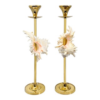 Brass Candlestick Pair Shells Seashells 16.5" For Sale