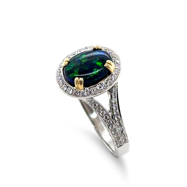 18ct White and Yellow Gold Black Opal and Diamond Ring 3.57ct 6.52g, Size 8.75 For Sale - Image 6 of 8