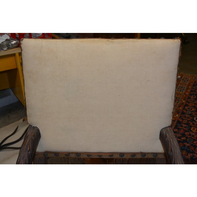 English Antique Carved Wood Arm / Throne Chair Straw / Hair Stuffed W/ Metal Rivets For Sale - Image 3 of 17