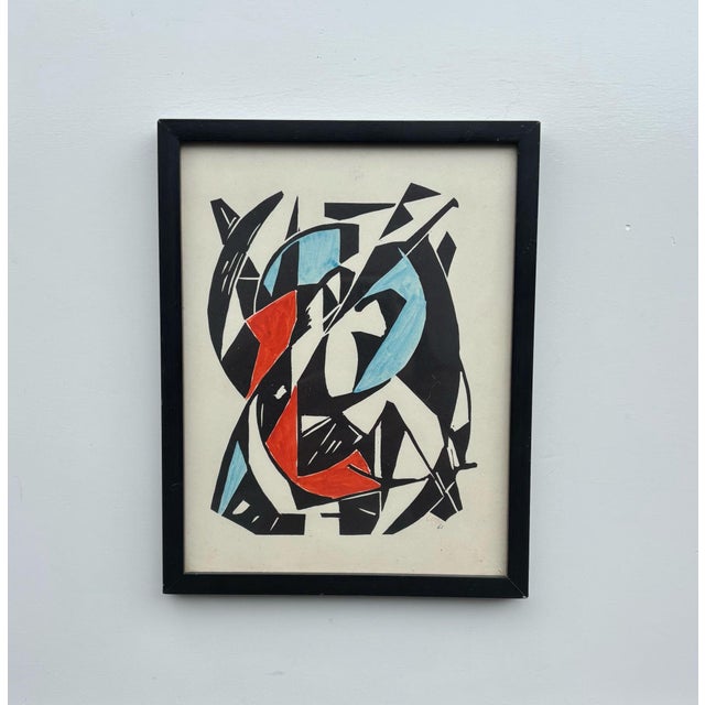 Linocut by Wobbe Alkema. The linocut is colored with blue and red. This is a New Year’s greeting by Wobbe Alkema. The work...