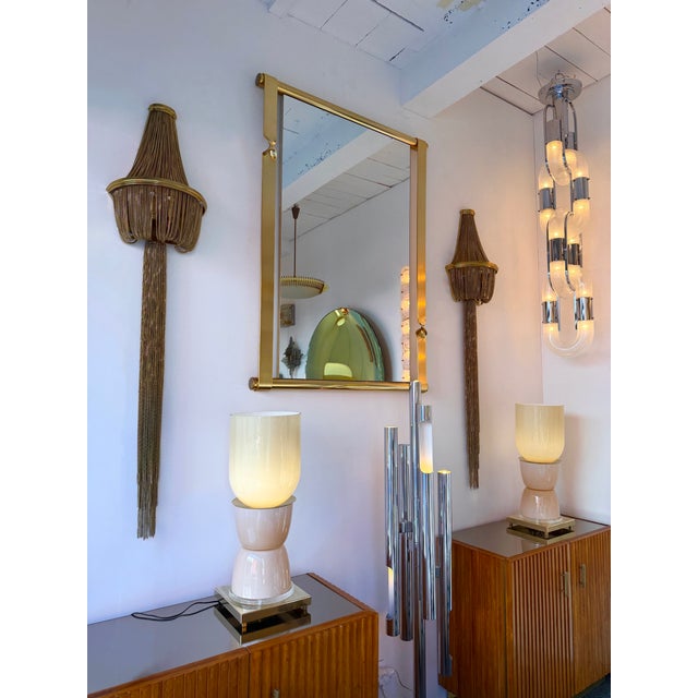 Metal Contemporary Brass and Pink Powder Murano Glass Cup Lamps - Pair For Sale - Image 7 of 12