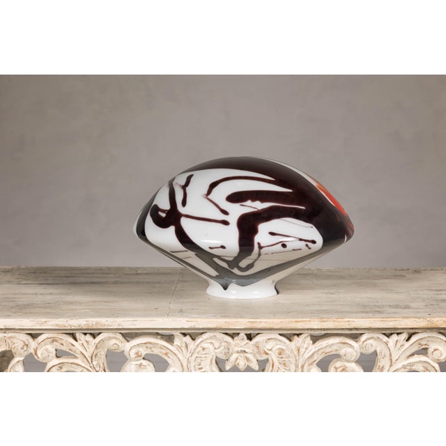 Glass Midcentury Blown Glass Dome with White, Black and Orange Abstract Décor For Sale - Image 7 of 10