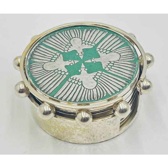 Modern 1980s Set of 6 Porcelain & Pure Silver Drink Coasters & Holder by Emilia Castillo For Sale - Image 3 of 18