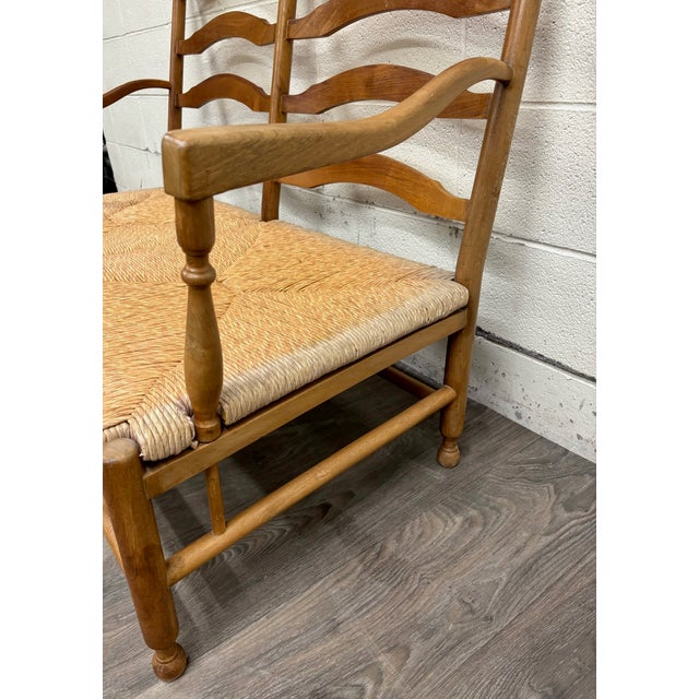 Vintage Country French Double Seat Ladder Back Rush Seat Bench Loveseat Settee For Sale - Image 12 of 16