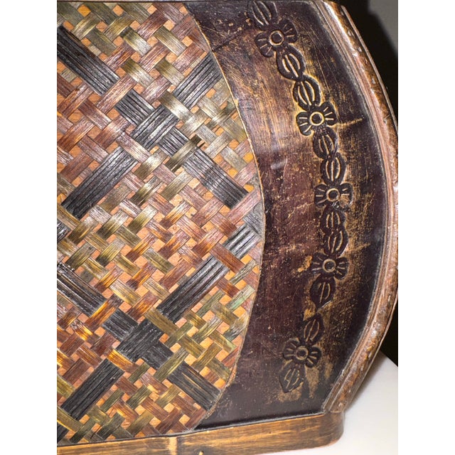 Vintage Boho Chic Woven Bamboo and Mixed Wood Domed Keeper Box Trunk For Sale - Image 10 of 12