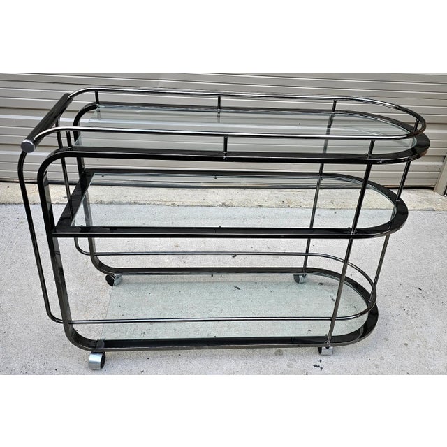 Contemporary Vintage 1992 Three Glass Tier Bar Cart in Nickel by Dia (Design Institute of America) For Sale - Image 3 of 7