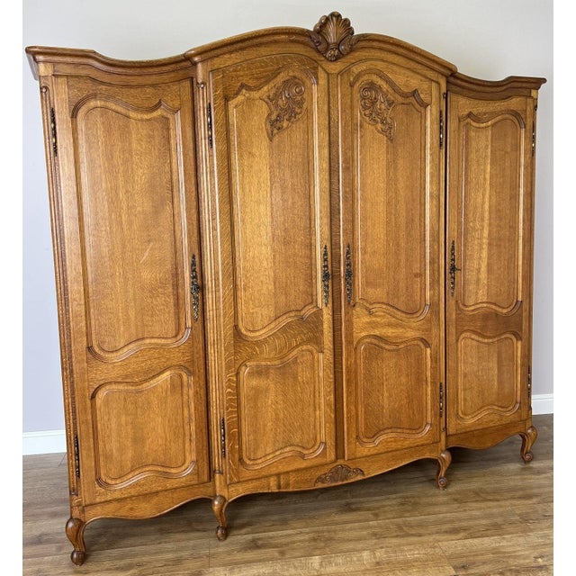 Vintage Louis XVI French Oak Four Door Carved Armoire For Sale - Image 11 of 11