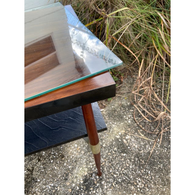 Mid Century Modern Slate + Wood Side Table | Glass Top Cover + Brass Hardware For Sale - Image 12 of 12
