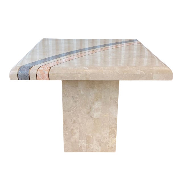 80s Tessellated Stone and Brass Inlay Pedestal Side Table For Sale