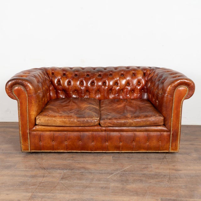 Pair of French Brown Leather Chesterfield Two Seat Loveseat Sofas For Sale - Image 4 of 16