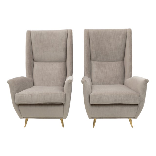 Mid-Century Modern Velvet High Back Armchairs attributed to Gio Ponti for ISA Bergamo, 1950s, Set of 2 For Sale