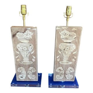 Pair Antique Bleached Marquetry Architectural Fragment Lamps W/Lucite Bases For Sale