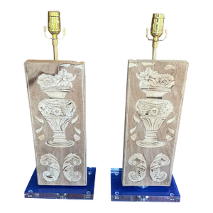 Pair Antique Bleached Marquetry Architectural Fragment Lamps W/Lucite Bases