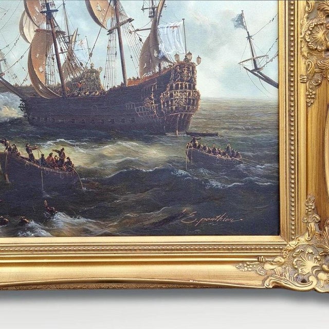 2000 - 2009 E. Ponthier, Maritme Anglo-Dutch Naval Battle, Mid-20th Century, Oil Painting on Canvas, Framed For Sale - Image 5 of 7